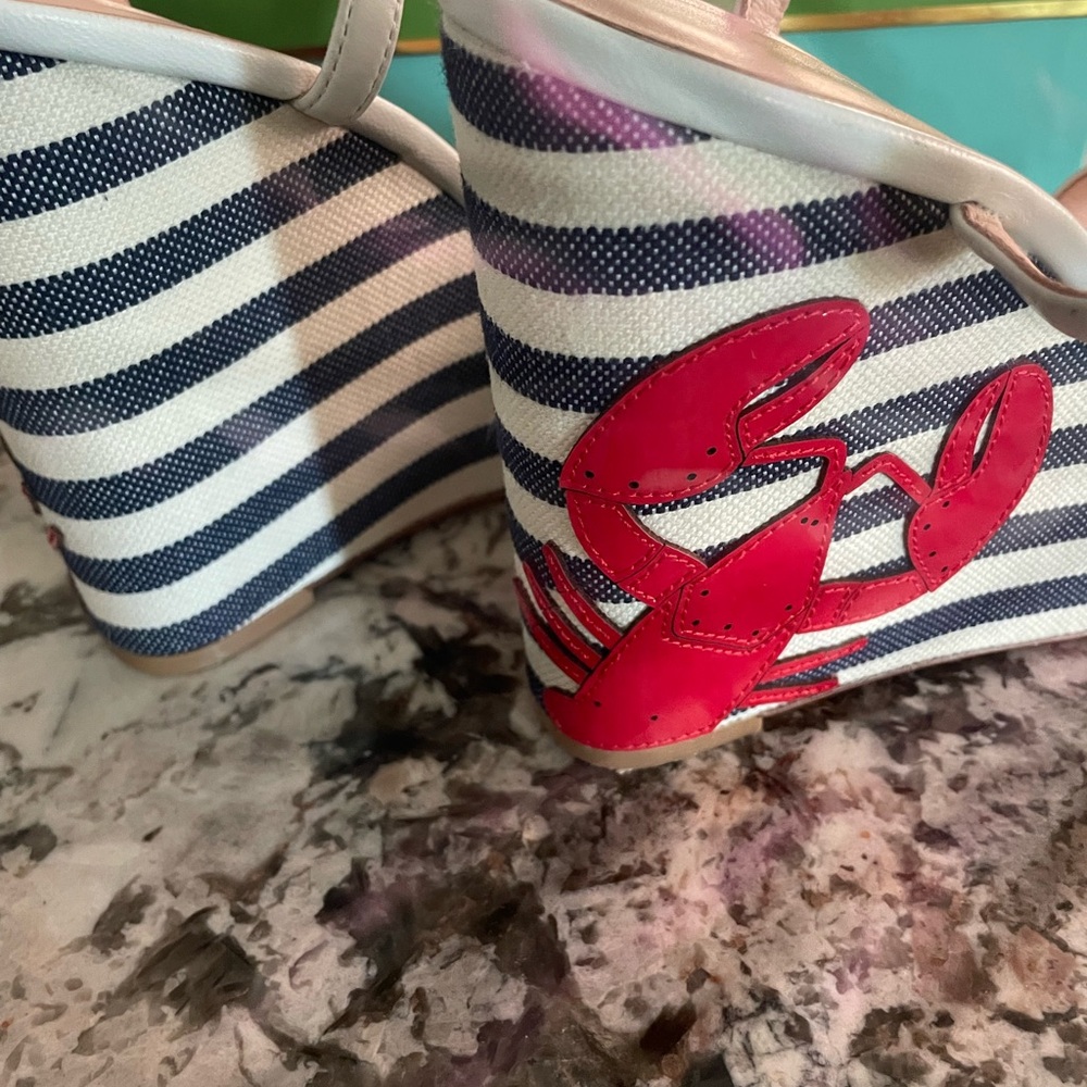 Kate Spade wedge wedges lobster 9.5 Striped Wedge Sandals  Lobster LEATHER - Picture 4 of 13